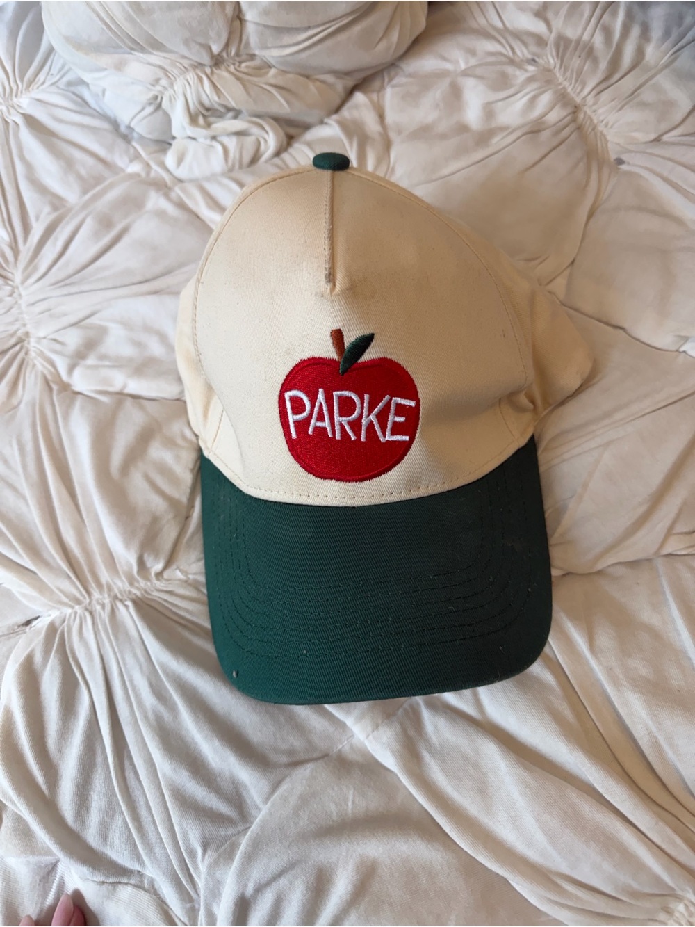 Parke Beige & Green Baseball Cap with Red Apple Patch